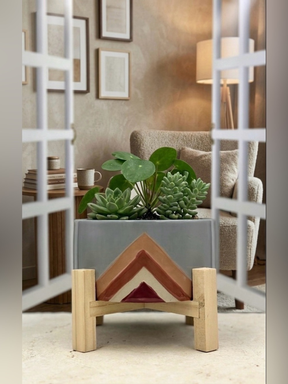 Boho Geometric Ceramic Planter with Wood Stand - 6 Inch Grey and Terracotta